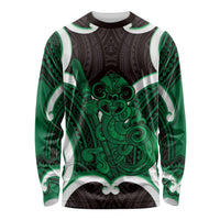 Kakariki Aotearoa Atua Tumatauenga Personalised Long Sleeve Shirt Maori God Of War Tiki With Taiaha LT14 Unisex Green - Polynesian Pride