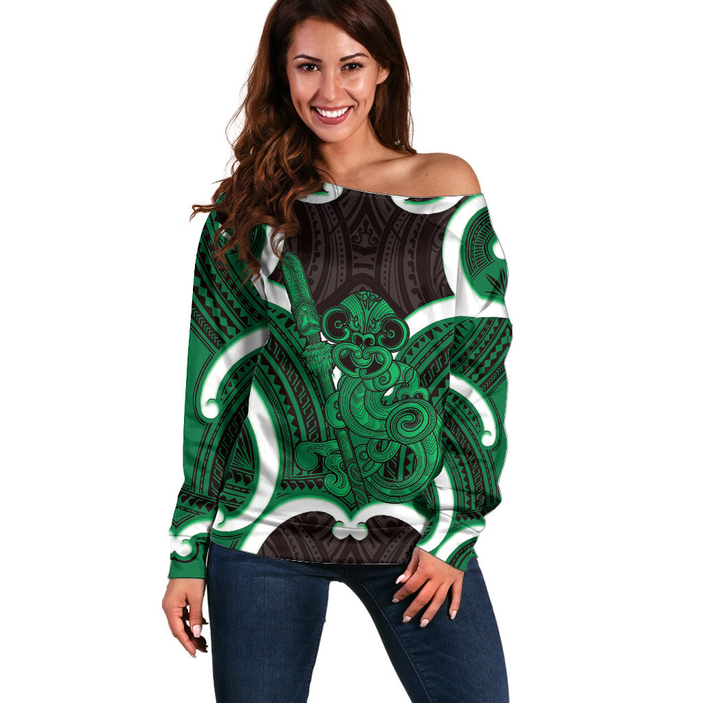 Kakariki Aotearoa Atua Tumatauenga Personalised Off Shoulder Sweater Maori God Of War Tiki With Taiaha LT14 Women Green - Polynesian Pride