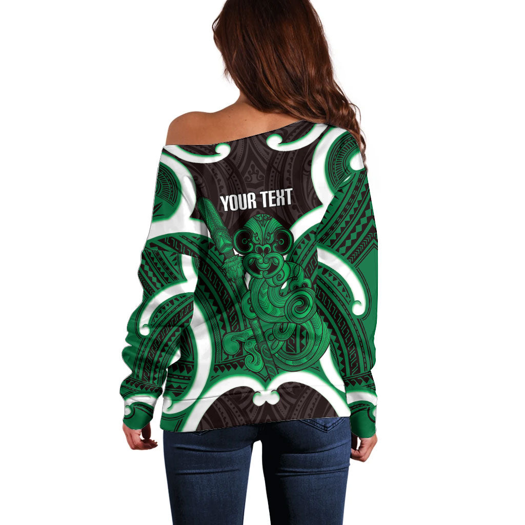 Kakariki Aotearoa Atua Tumatauenga Personalised Off Shoulder Sweater Maori God Of War Tiki With Taiaha LT14 - Polynesian Pride