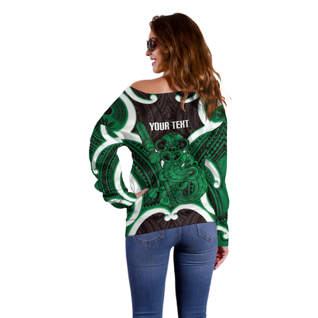 Kakariki Aotearoa Atua Tumatauenga Personalised Off Shoulder Sweater Maori God Of War Tiki With Taiaha LT14 - Polynesian Pride
