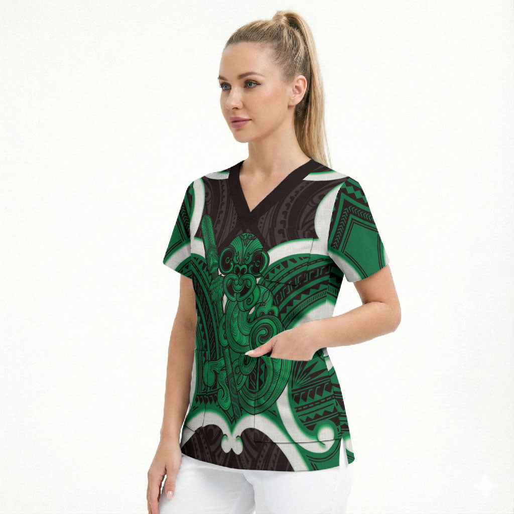Kakariki Aotearoa Atua Tumatauenga Personalised Scrub Top Maori God Of War Tiki With Taiaha LT14 - Polynesian Pride