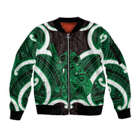Kakariki Aotearoa Atua Tumatauenga Personalised Sleeve Zip Bomber Jacket Maori God Of War Tiki With Taiaha LT14 Unisex Green - Polynesian Pride