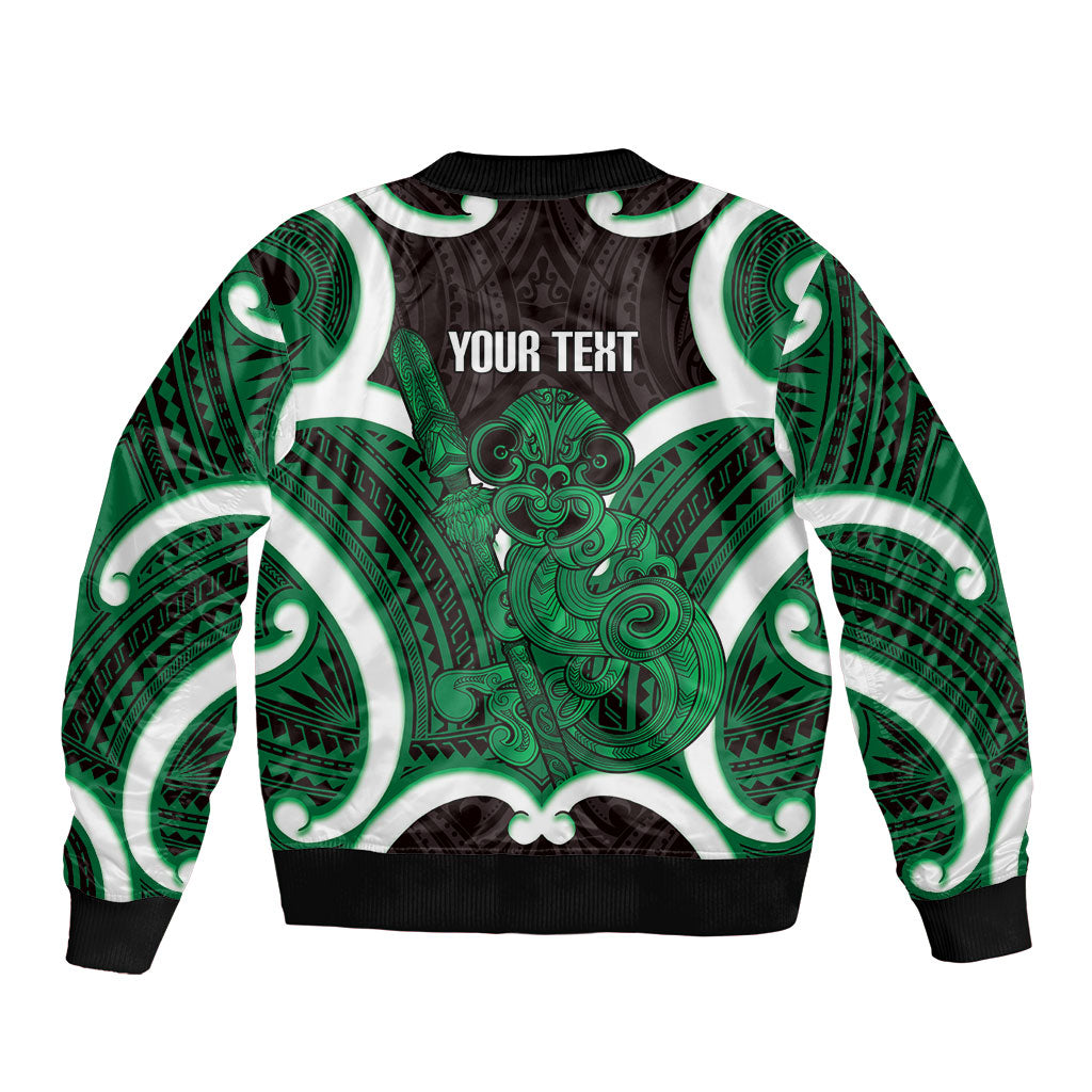 Kakariki Aotearoa Atua Tumatauenga Personalised Sleeve Zip Bomber Jacket Maori God Of War Tiki With Taiaha LT14 - Polynesian Pride