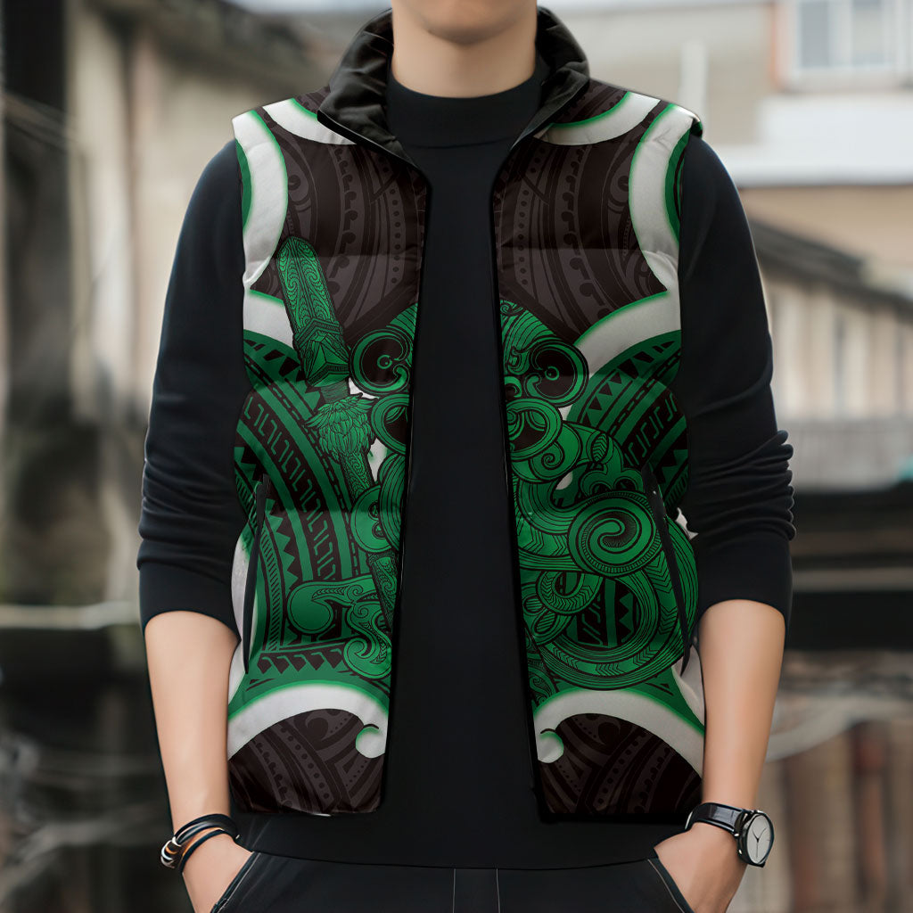 Kakariki Aotearoa Atua Tumatauenga Personalised Sleeveless Puffer Jacket Maori God Of War Tiki With Taiaha LT14 - Polynesian Pride