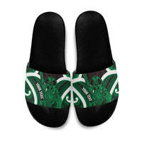 Kakariki Aotearoa Atua Tumatauenga Personalised Slide Sandals Maori God Of War Tiki With Taiaha LT14 Green - Polynesian Pride