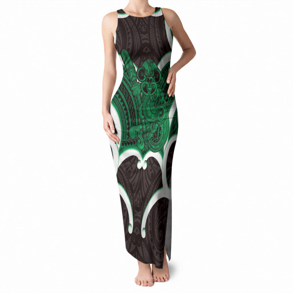 Kakariki Aotearoa Atua Tumatauenga Personalised Tank Maxi Dress Maori God Of War Tiki With Taiaha LT14 Women Green - Polynesian Pride