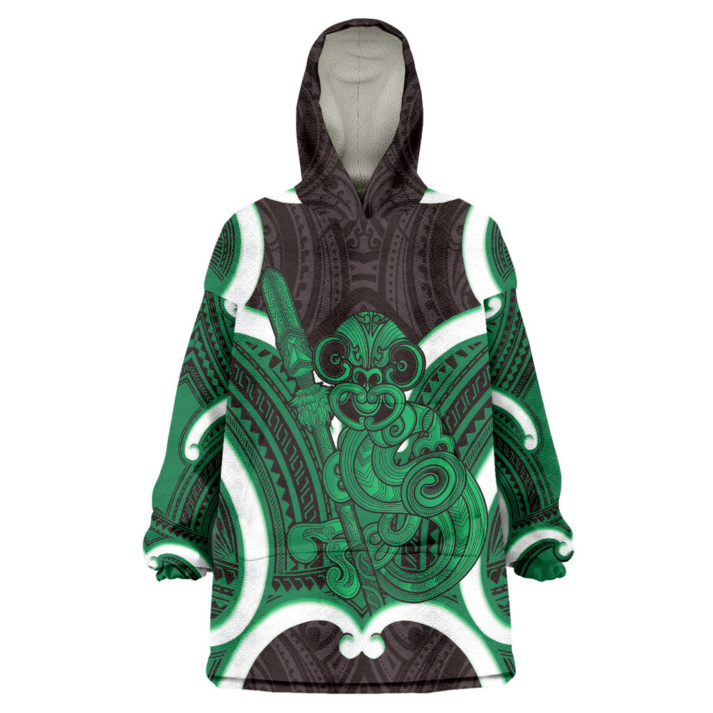 Kakariki Aotearoa Atua Tumatauenga Personalised Wearable Blanket Hoodie Maori God Of War Tiki With Taiaha LT14 One Size Green - Polynesian Pride