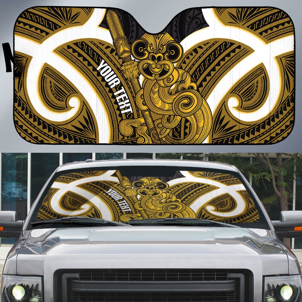 Kowhai Aotearoa Atua Tumatauenga Personalised Auto Sun Shade Maori God Of War Tiki With Taiaha LT14 Yellow - Polynesian Pride