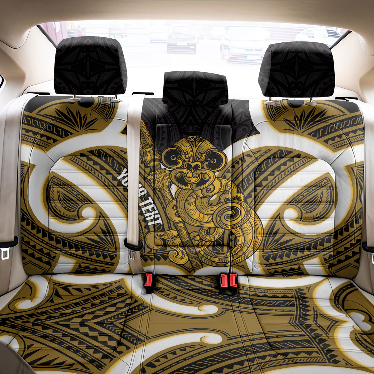 Kowhai Aotearoa Atua Tumatauenga Personalised Back Car Seat Cover Maori God Of War Tiki With Taiaha LT14 - Polynesian Pride