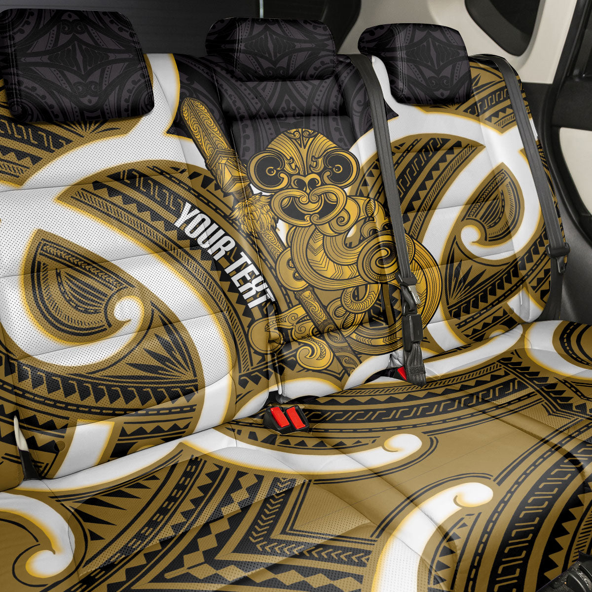Kowhai Aotearoa Atua Tumatauenga Personalised Back Car Seat Cover Maori God Of War Tiki With Taiaha LT14 - Polynesian Pride