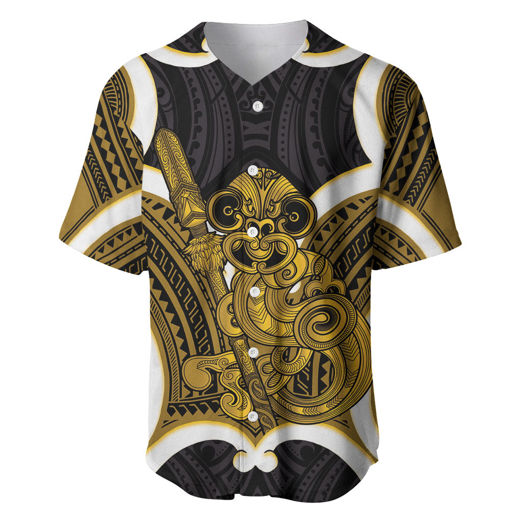 Kowhai Aotearoa Atua Tumatauenga Personalised Baseball Jersey Maori God Of War Tiki With Taiaha LT14 Yellow - Polynesian Pride