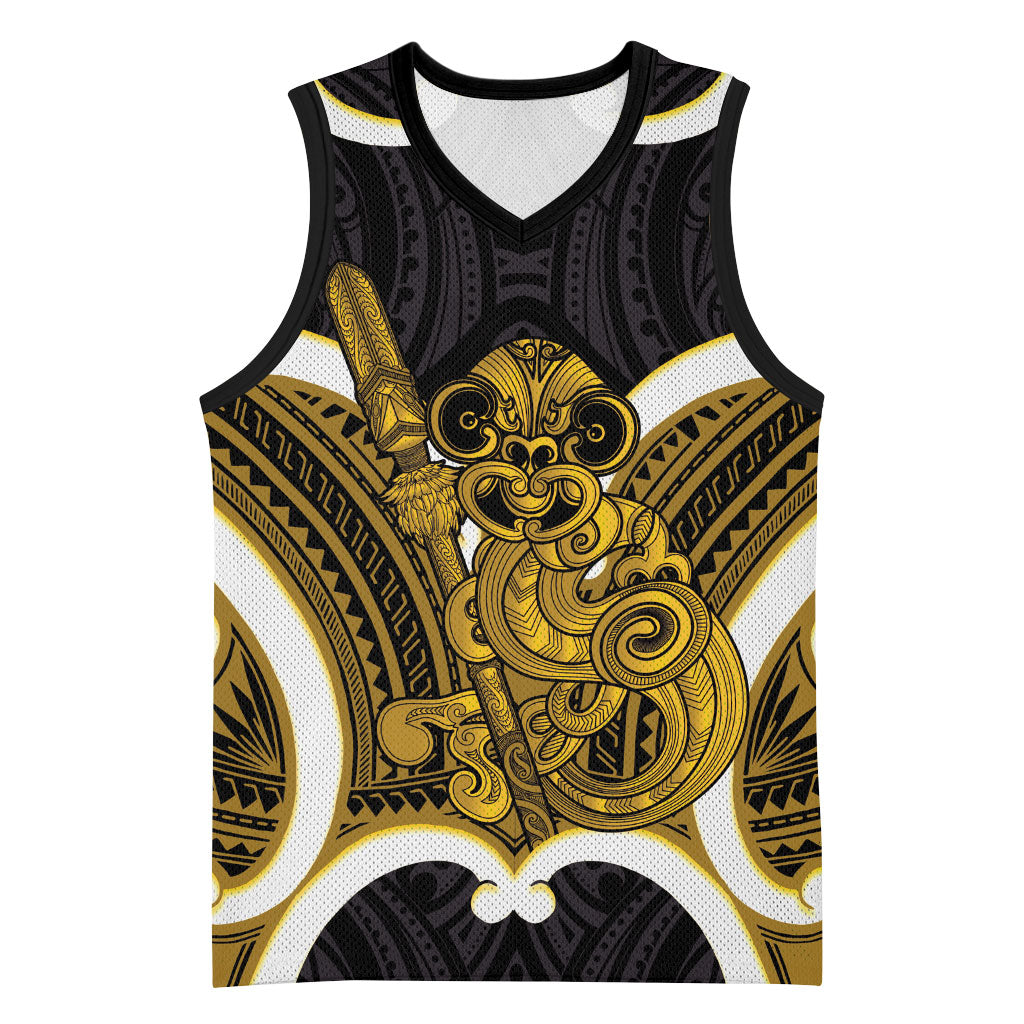 Kowhai Aotearoa Atua Tumatauenga Personalised Basketball Jersey Maori God Of War Tiki With Taiaha LT14 Unisex Yellow - Polynesian Pride