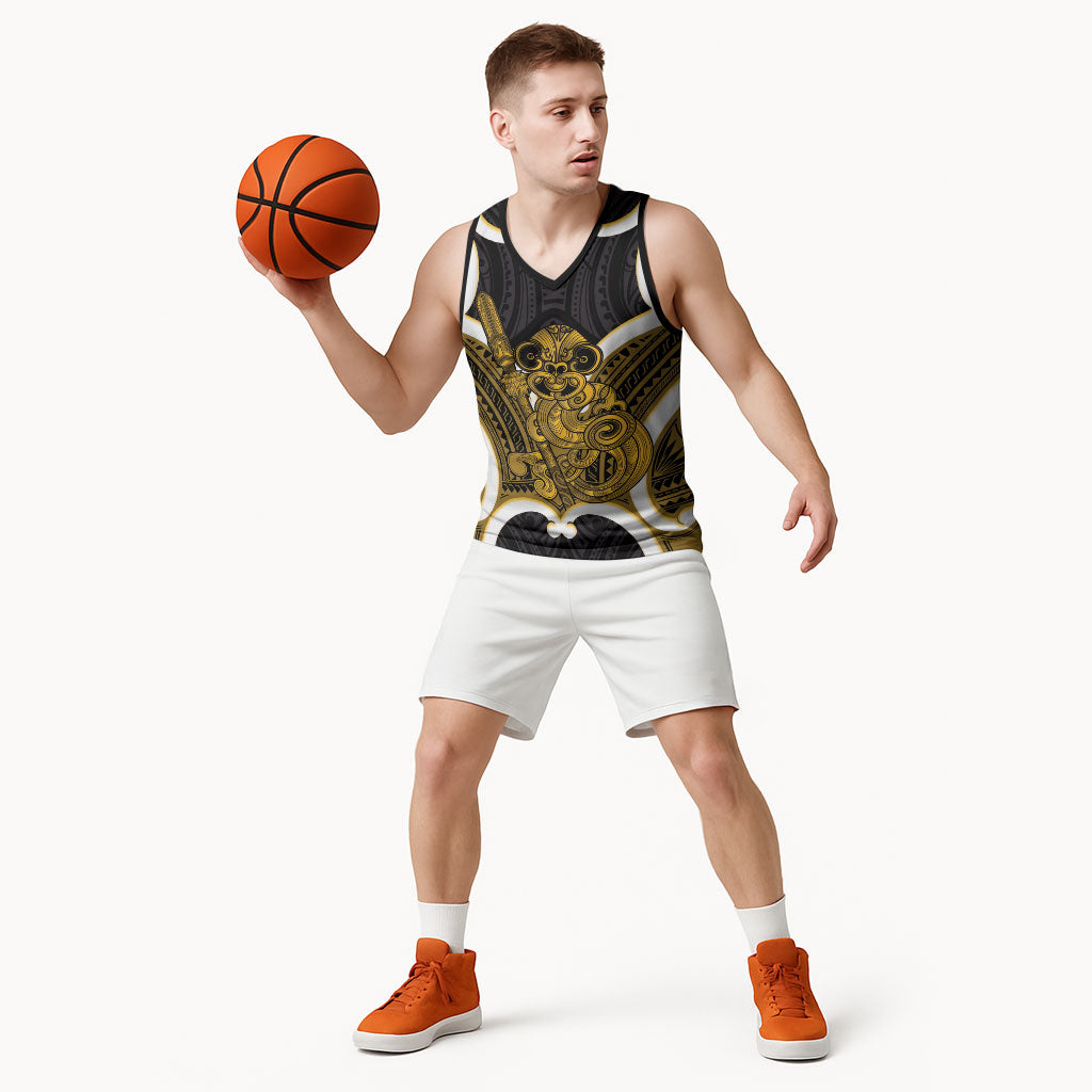 Kowhai Aotearoa Atua Tumatauenga Personalised Basketball Jersey Maori God Of War Tiki With Taiaha LT14 - Polynesian Pride
