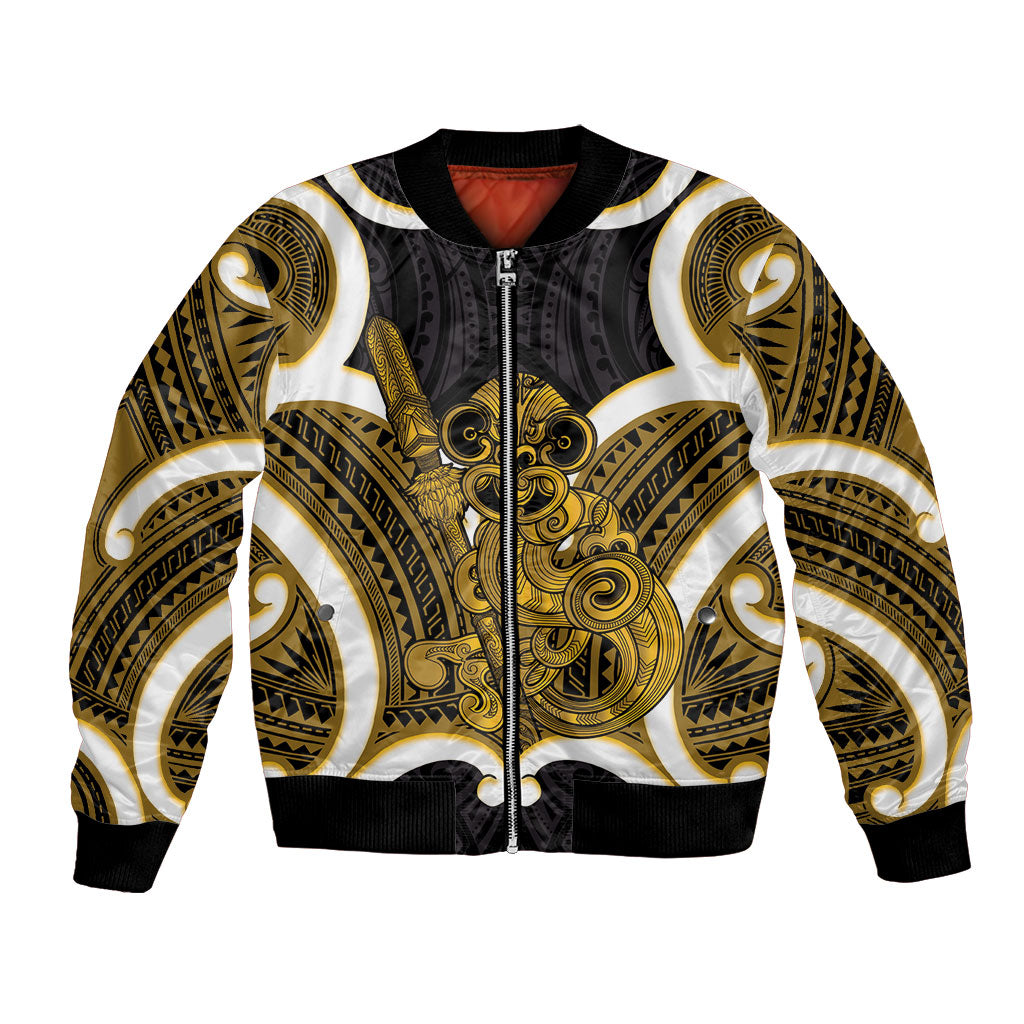 Kowhai Aotearoa Atua Tumatauenga Personalised Bomber Jacket Maori God Of War Tiki With Taiaha LT14 Unisex Yellow - Polynesian Pride