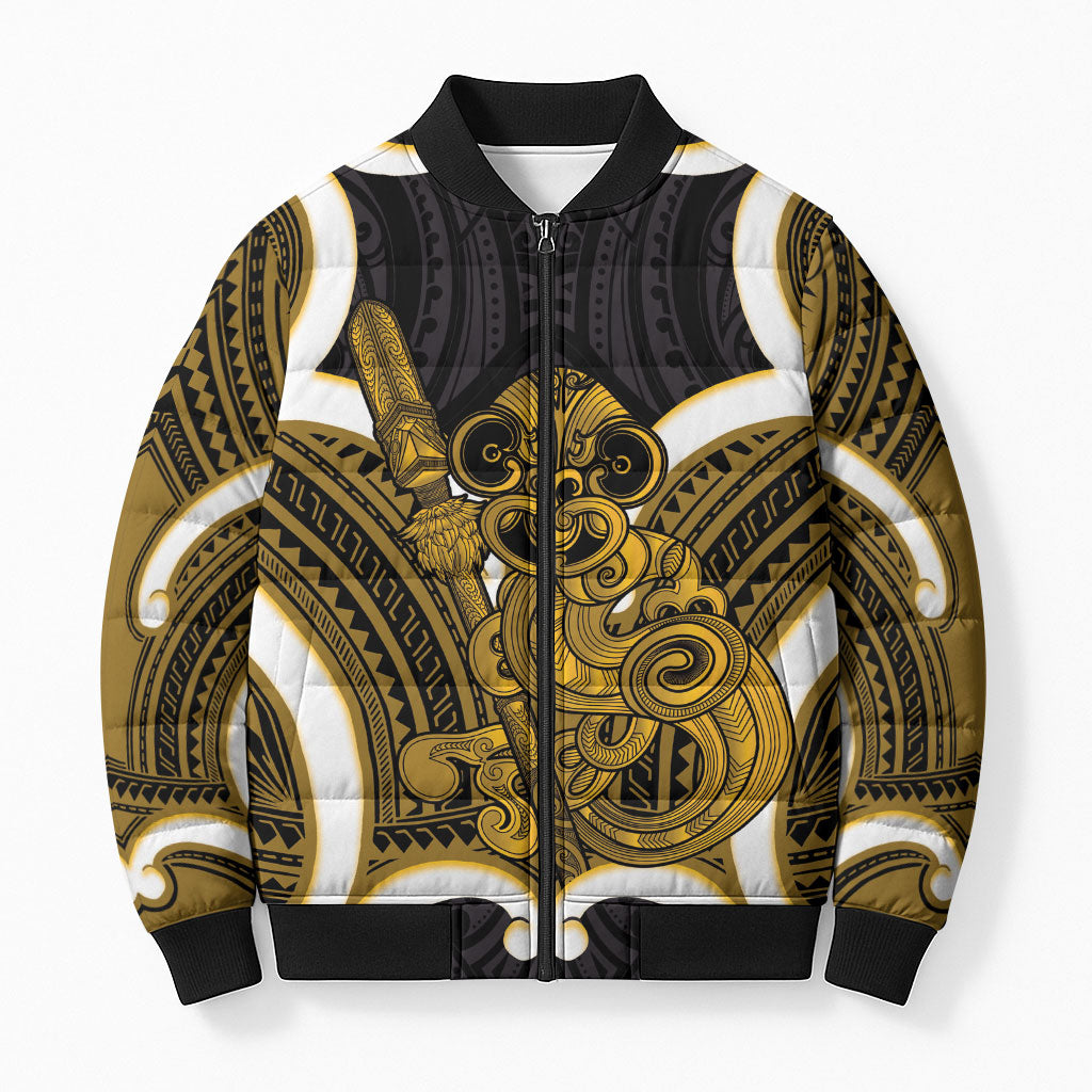 Kowhai Aotearoa Atua Tumatauenga Personalised Bomber Puffer Jacket Maori God Of War Tiki With Taiaha LT14 Unisex Yellow - Polynesian Pride