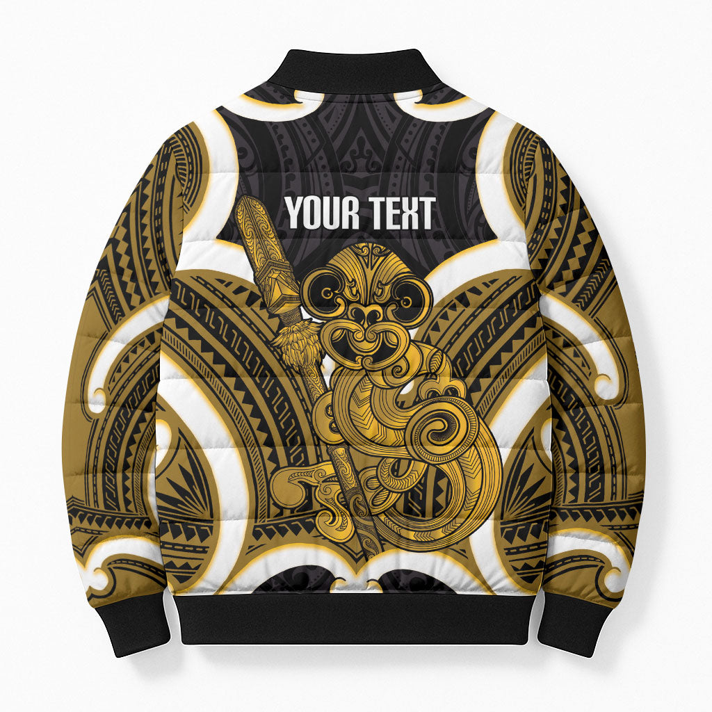 Kowhai Aotearoa Atua Tumatauenga Personalised Bomber Puffer Jacket Maori God Of War Tiki With Taiaha LT14 - Polynesian Pride
