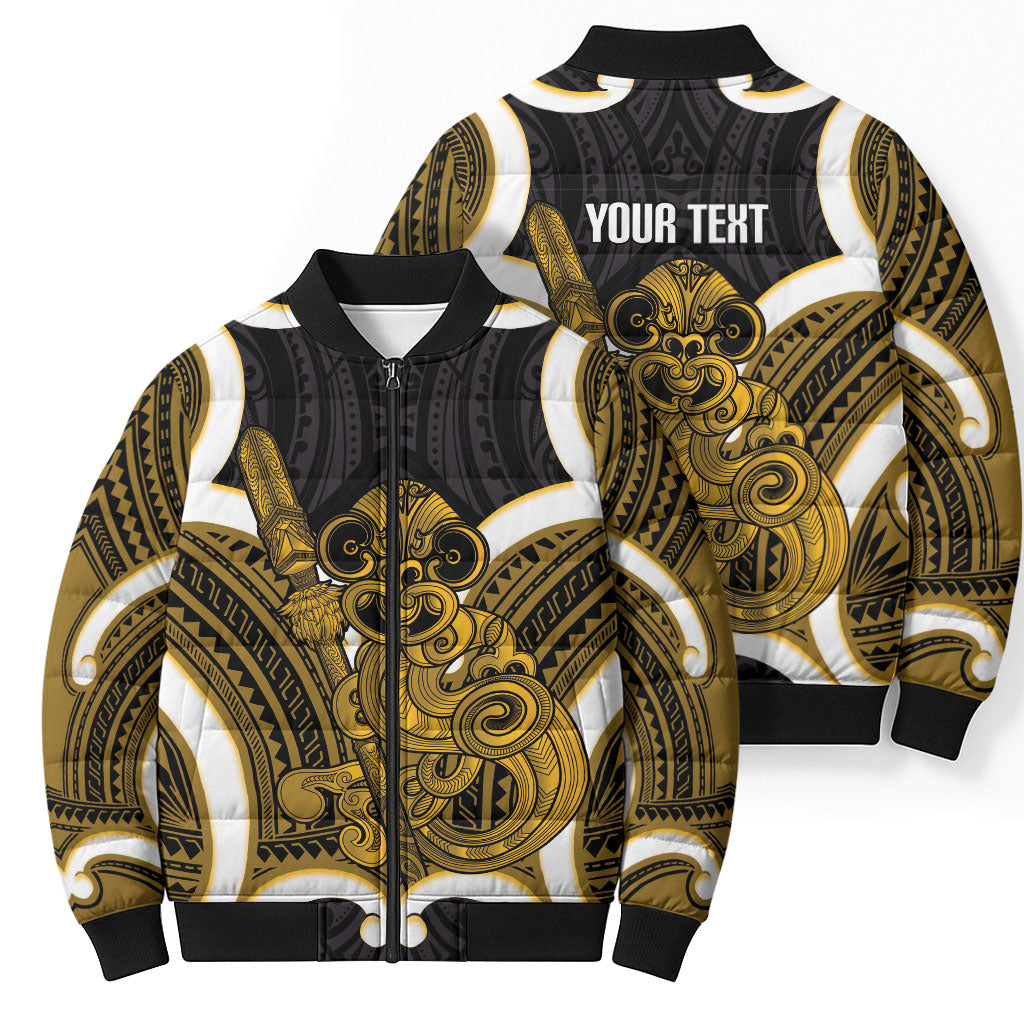 Kowhai Aotearoa Atua Tumatauenga Personalised Bomber Puffer Jacket Maori God Of War Tiki With Taiaha LT14 - Polynesian Pride