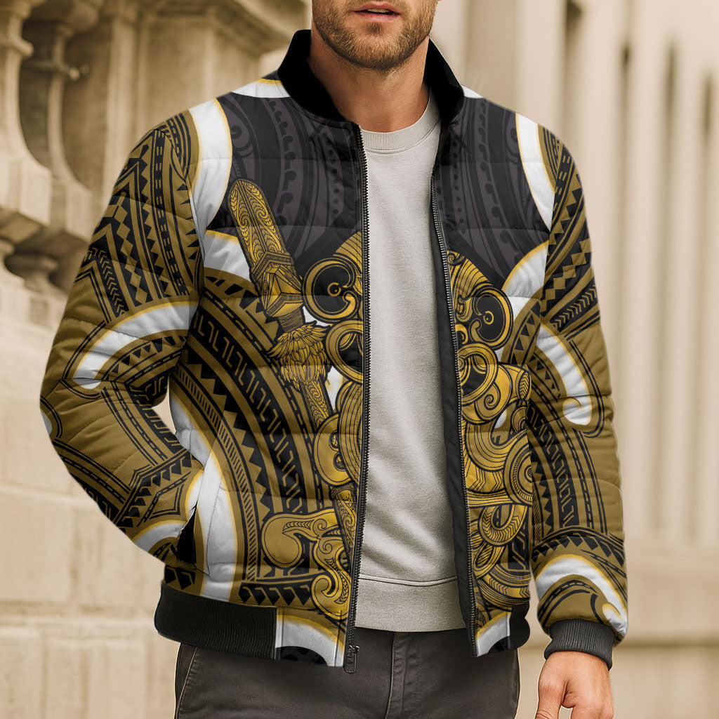 Kowhai Aotearoa Atua Tumatauenga Personalised Bomber Puffer Jacket Maori God Of War Tiki With Taiaha LT14 - Polynesian Pride