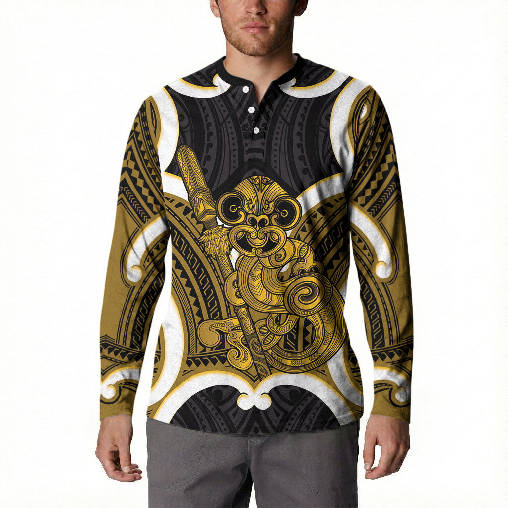 Kowhai Aotearoa Atua Tumatauenga Personalised Button Sweatshirt Maori God Of War Tiki With Taiaha LT14 - Polynesian Pride