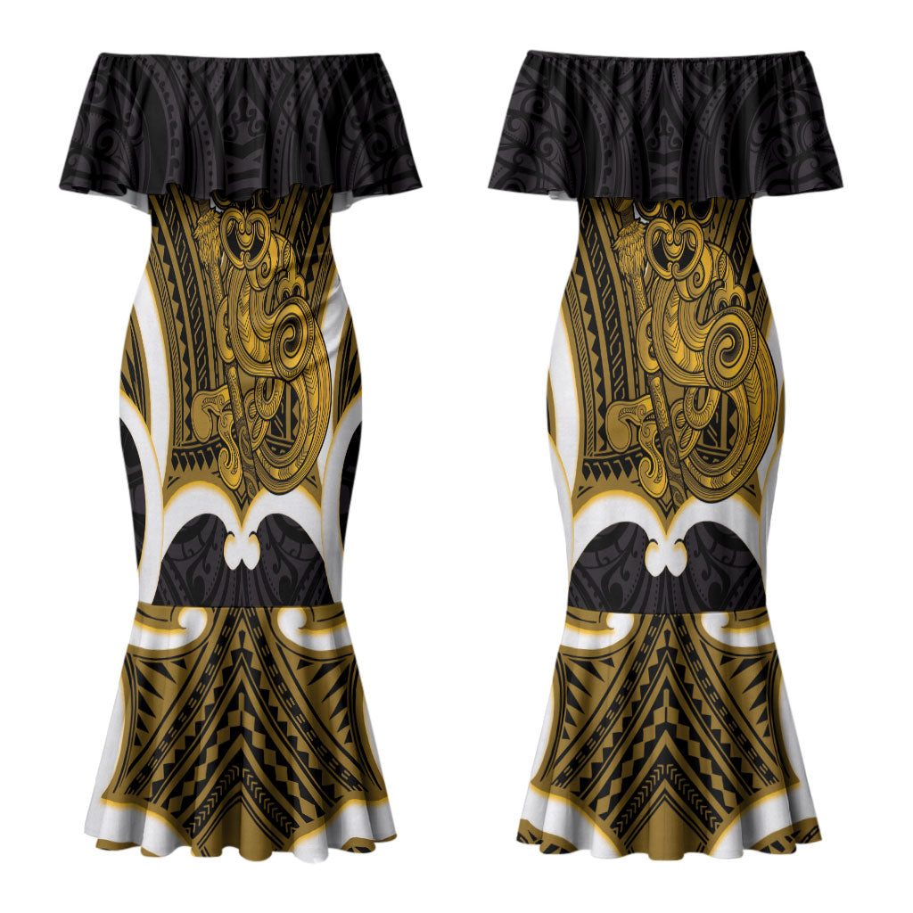 Kowhai Aotearoa Atua Tumatauenga Personalised Couples Matching Mermaid Dress and Hawaiian Shirt Maori God Of War Tiki With Taiaha LT14 - Polynesian Pride