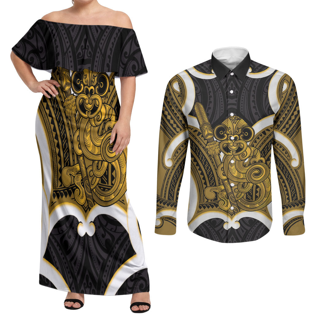 Kowhai Aotearoa Atua Tumatauenga Personalised Couples Matching Off Shoulder Maxi Dress and Long Sleeve Button Shirt Maori God Of War Tiki With Taiaha LT14 Yellow - Polynesian Pride