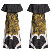 Kowhai Aotearoa Atua Tumatauenga Personalised Couples Matching Off Shoulder Maxi Dress and Long Sleeve Button Shirt Maori God Of War Tiki With Taiaha LT14 - Polynesian Pride