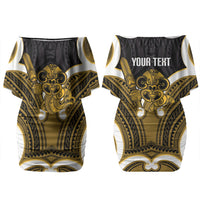 Kowhai Aotearoa Atua Tumatauenga Personalised Couples Matching Off Shoulder Short Dress and Hawaiian Shirt Maori God Of War Tiki With Taiaha LT14 - Polynesian Pride