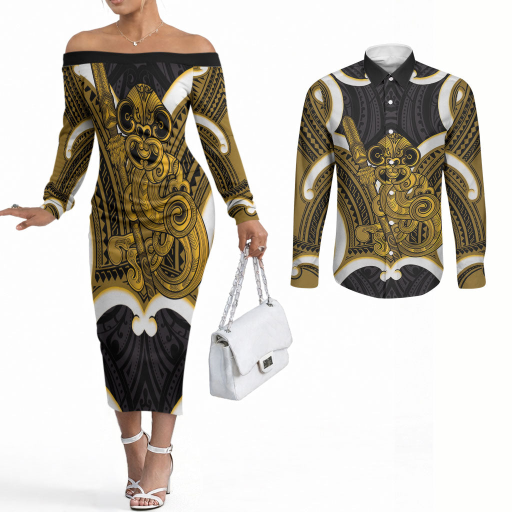 Kowhai Aotearoa Atua Tumatauenga Personalised Couples Matching Off The Shoulder Long Sleeve Dress and Long Sleeve Button Shirt Maori God Of War Tiki With Taiaha LT14 Yellow - Polynesian Pride