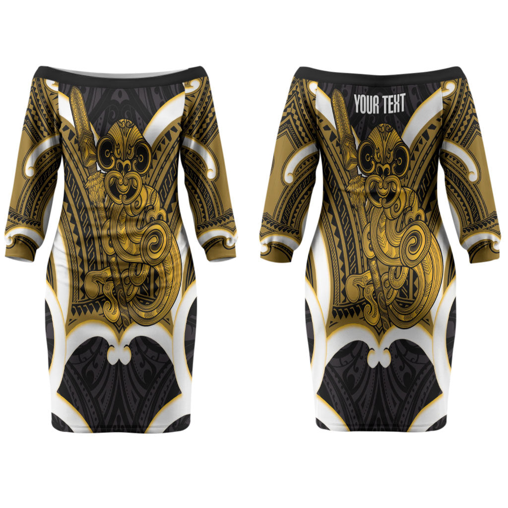Kowhai Aotearoa Atua Tumatauenga Personalised Couples Matching Off The Shoulder Long Sleeve Dress and Long Sleeve Button Shirt Maori God Of War Tiki With Taiaha LT14 - Polynesian Pride
