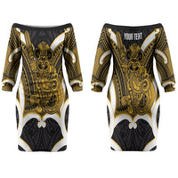 Kowhai Aotearoa Atua Tumatauenga Personalised Couples Matching Off The Shoulder Long Sleeve Dress and Long Sleeve Button Shirt Maori God Of War Tiki With Taiaha LT14 - Polynesian Pride