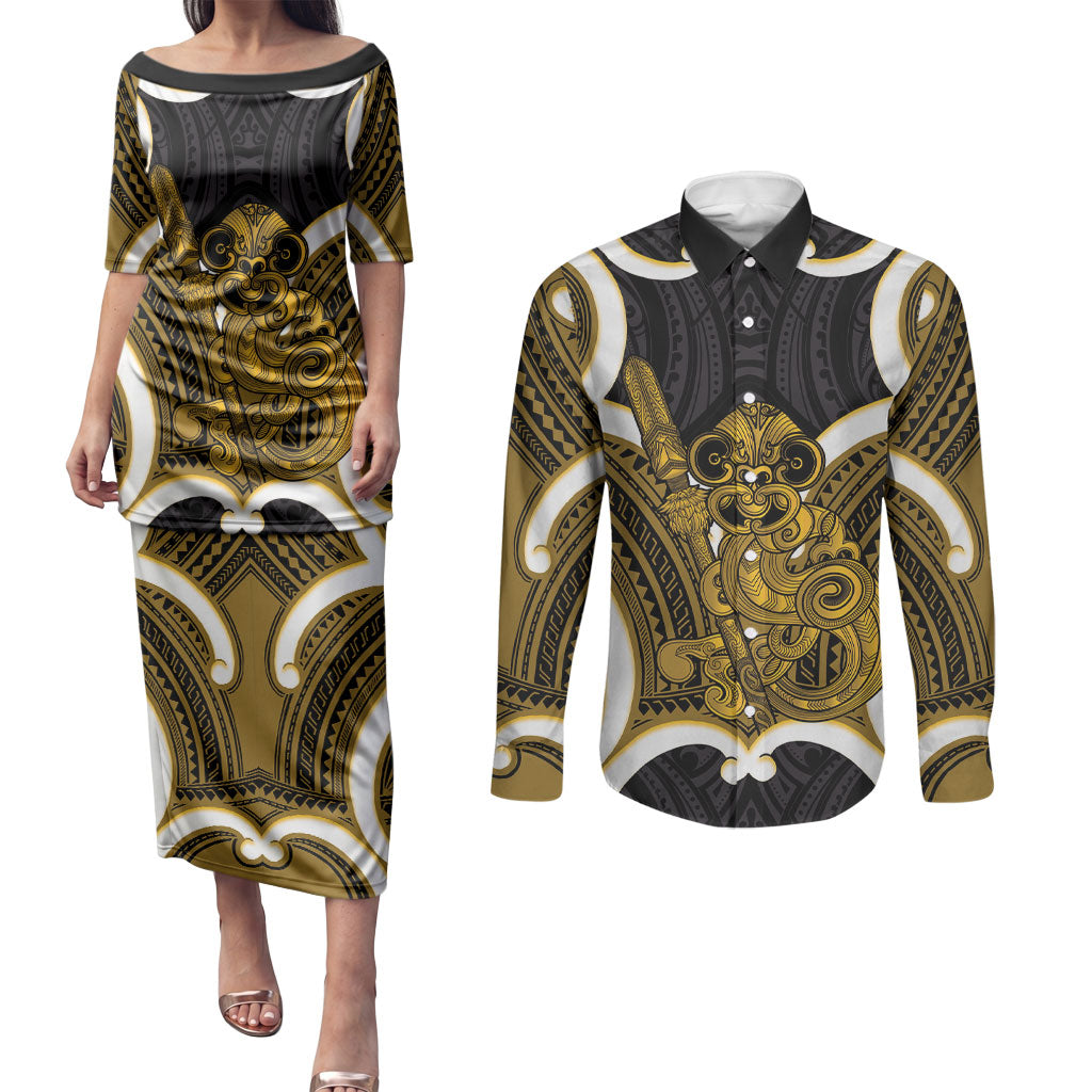 Kowhai Aotearoa Atua Tumatauenga Personalised Couples Matching Puletasi and Long Sleeve Button Shirt Maori God Of War Tiki With Taiaha LT14 Yellow - Polynesian Pride