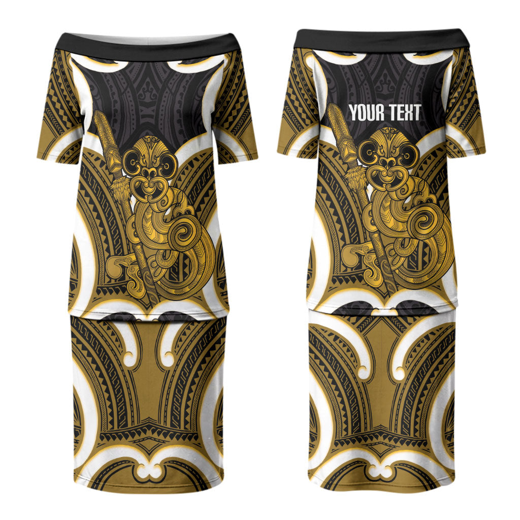Kowhai Aotearoa Atua Tumatauenga Personalised Couples Matching Puletasi and Long Sleeve Button Shirt Maori God Of War Tiki With Taiaha LT14 - Polynesian Pride