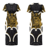 Kowhai Aotearoa Atua Tumatauenga Personalised Couples Matching Short Sleeve Bodycon Dress and Long Sleeve Button Shirt Maori God Of War Tiki With Taiaha LT14 - Polynesian Pride