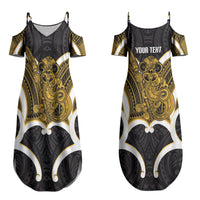Kowhai Aotearoa Atua Tumatauenga Personalised Couples Matching Summer Maxi Dress and Hawaiian Shirt Maori God Of War Tiki With Taiaha LT14 - Polynesian Pride