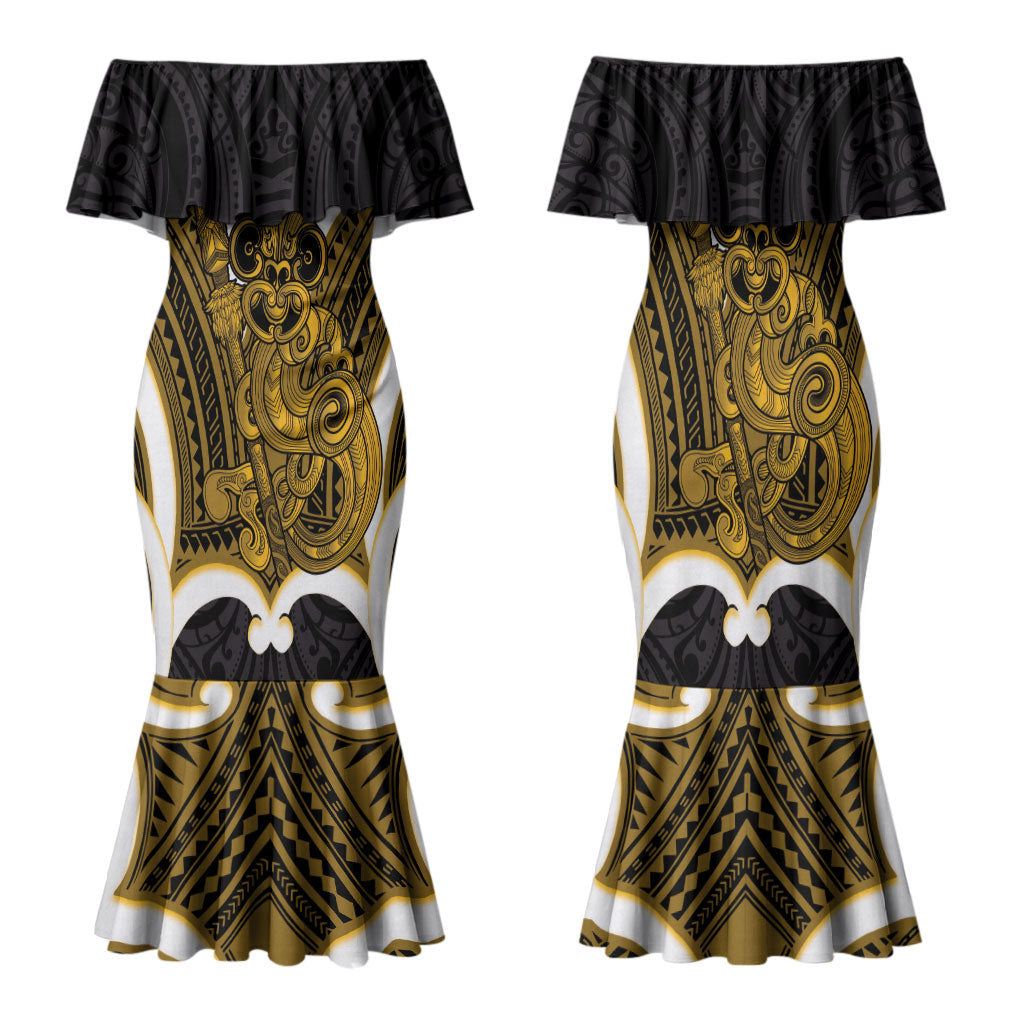 Kowhai Aotearoa Atua Tumatauenga Personalised Family Matching Mermaid Dress and Hawaiian Shirt Maori God Of War Tiki With Taiaha LT14 Mom's Dress Yellow - Polynesian Pride