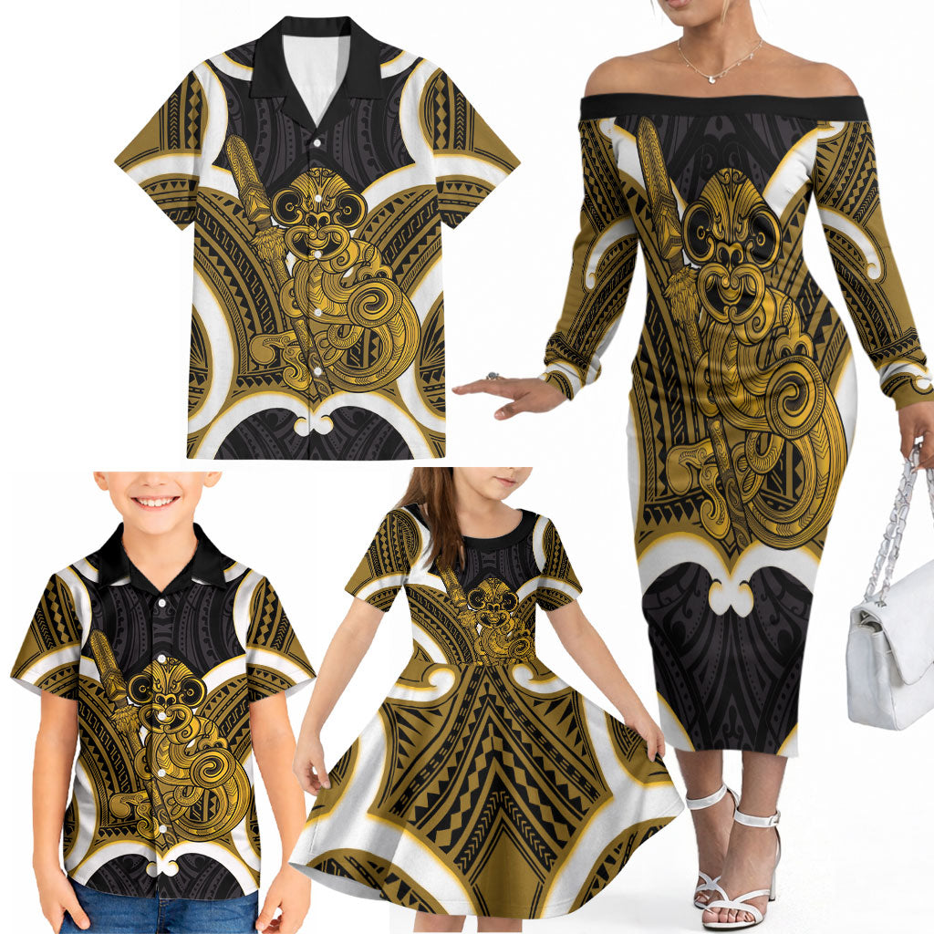 Kowhai Aotearoa Atua Tumatauenga Personalised Family Matching Off The Shoulder Long Sleeve Dress and Hawaiian Shirt Maori God Of War Tiki With Taiaha LT14 - Polynesian Pride