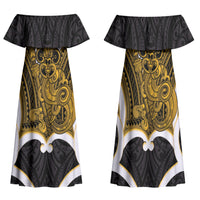 Kowhai Aotearoa Atua Tumatauenga Personalised Family Matching Off Shoulder Maxi Dress and Hawaiian Shirt Maori God Of War Tiki With Taiaha LT14 Mom's Dress Yellow - Polynesian Pride