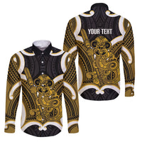 Kowhai Aotearoa Atua Tumatauenga Personalised Family Matching Off Shoulder Maxi Dress and Hawaiian Shirt Maori God Of War Tiki With Taiaha LT14 Dad's Shirt - Long Sleeve Yellow - Polynesian Pride