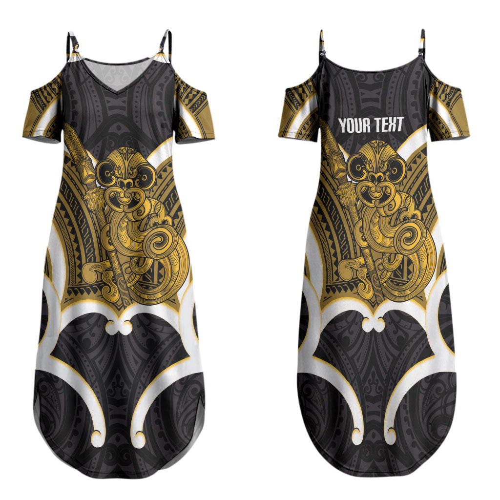 Kowhai Aotearoa Atua Tumatauenga Personalised Family Matching Summer Maxi Dress and Hawaiian Shirt Maori God Of War Tiki With Taiaha LT14 Mom's Dress Yellow - Polynesian Pride