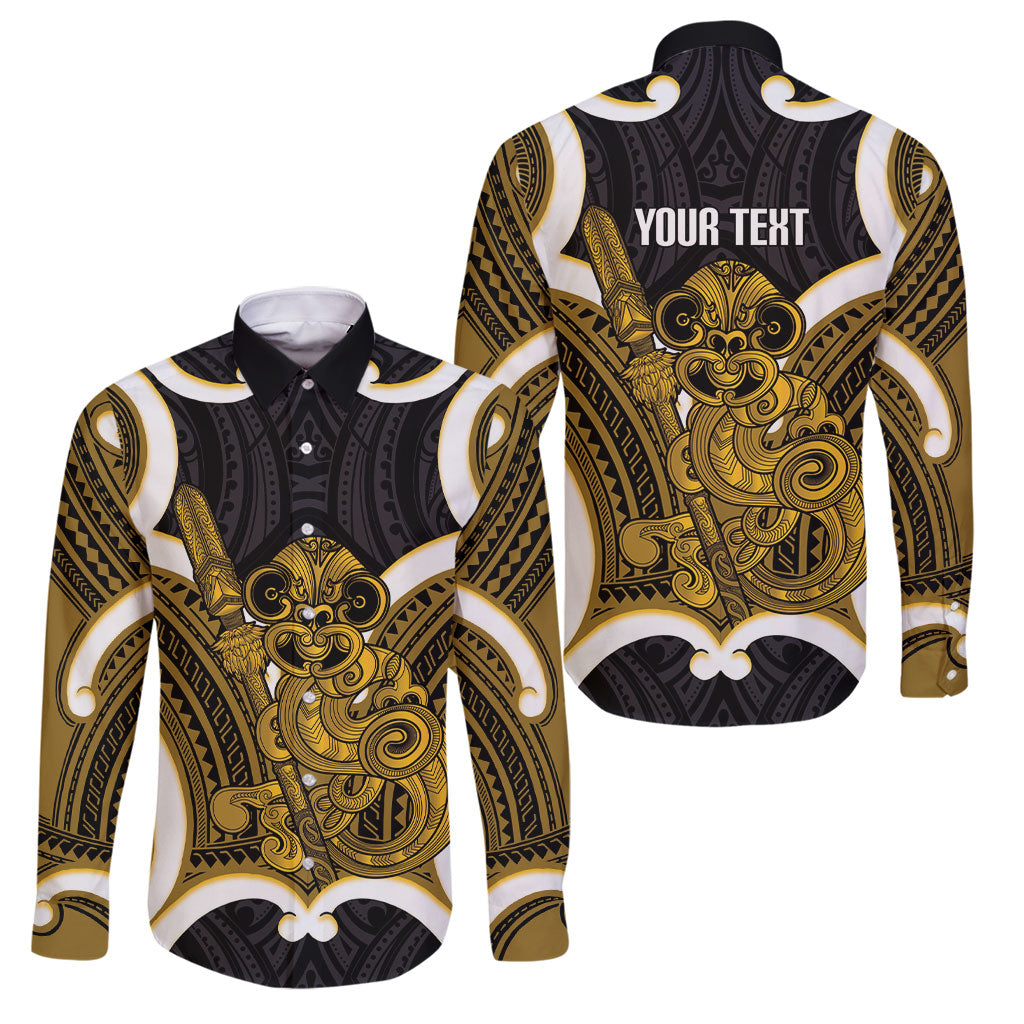 Kowhai Aotearoa Atua Tumatauenga Personalised Family Matching Tank Maxi Dress and Hawaiian Shirt Maori God Of War Tiki With Taiaha LT14 Dad's Shirt - Long Sleeve Yellow - Polynesian Pride