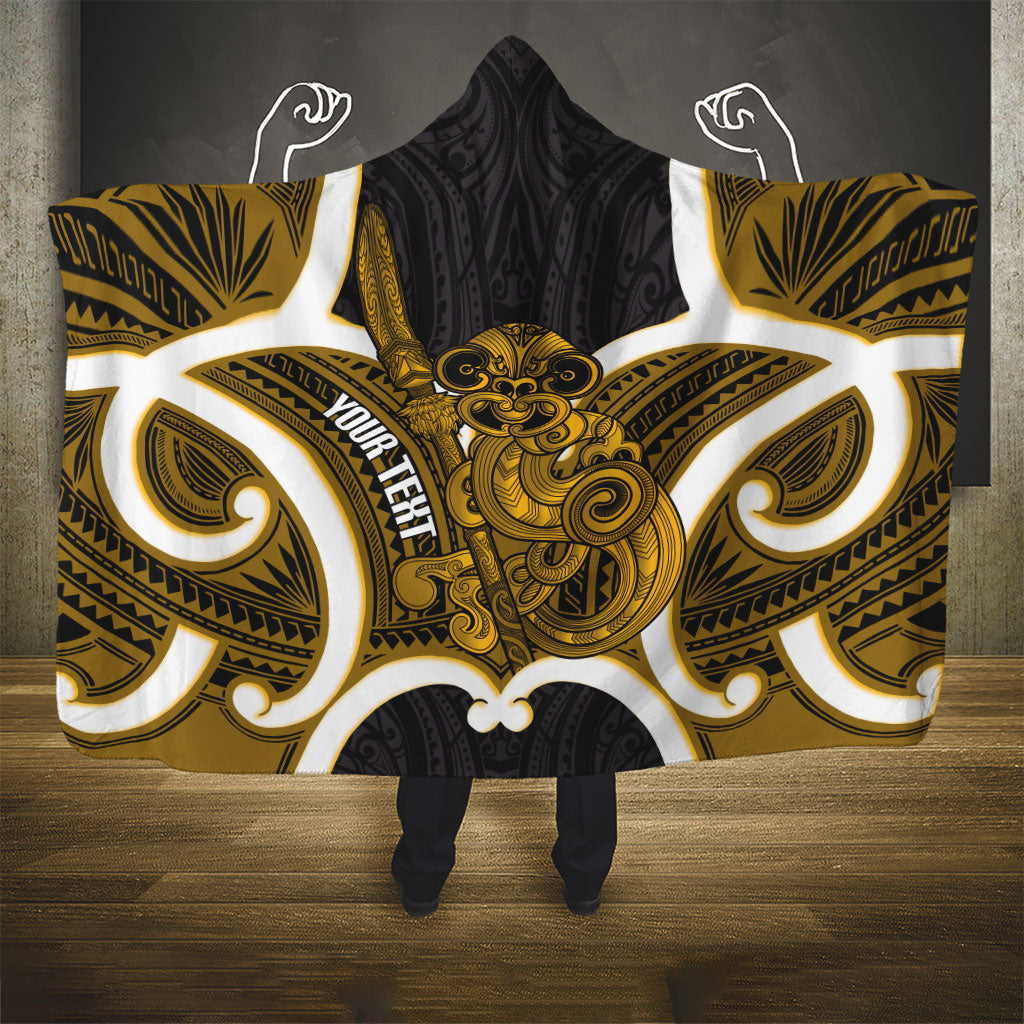 Kowhai Aotearoa Atua Tumatauenga Personalised Hooded Blanket Maori God Of War Tiki With Taiaha LT14 - Polynesian Pride