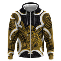 Kowhai Aotearoa Atua Tumatauenga Personalised Hoodie Maori God Of War Tiki With Taiaha LT14 Zip Hoodie Yellow - Polynesian Pride