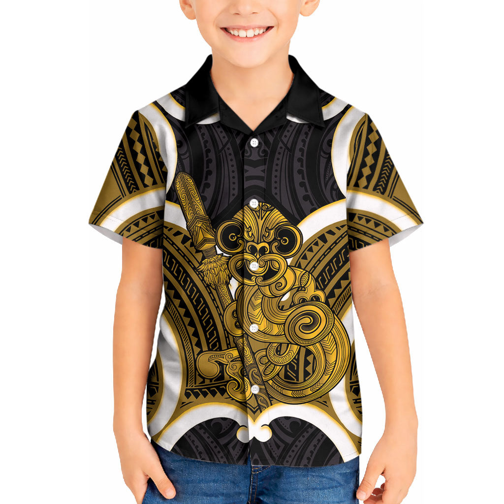Kowhai Aotearoa Atua Tumatauenga Personalised Kid Hawaiian Shirt Maori God Of War Tiki With Taiaha LT14 Kid Yellow - Polynesian Pride