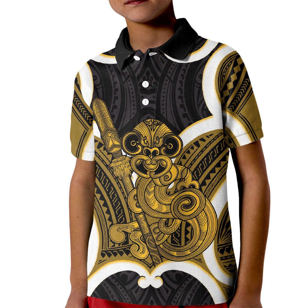 Kowhai Aotearoa Atua Tumatauenga Personalised Kid Polo Shirt Maori God Of War Tiki With Taiaha LT14 Kid Yellow - Polynesian Pride