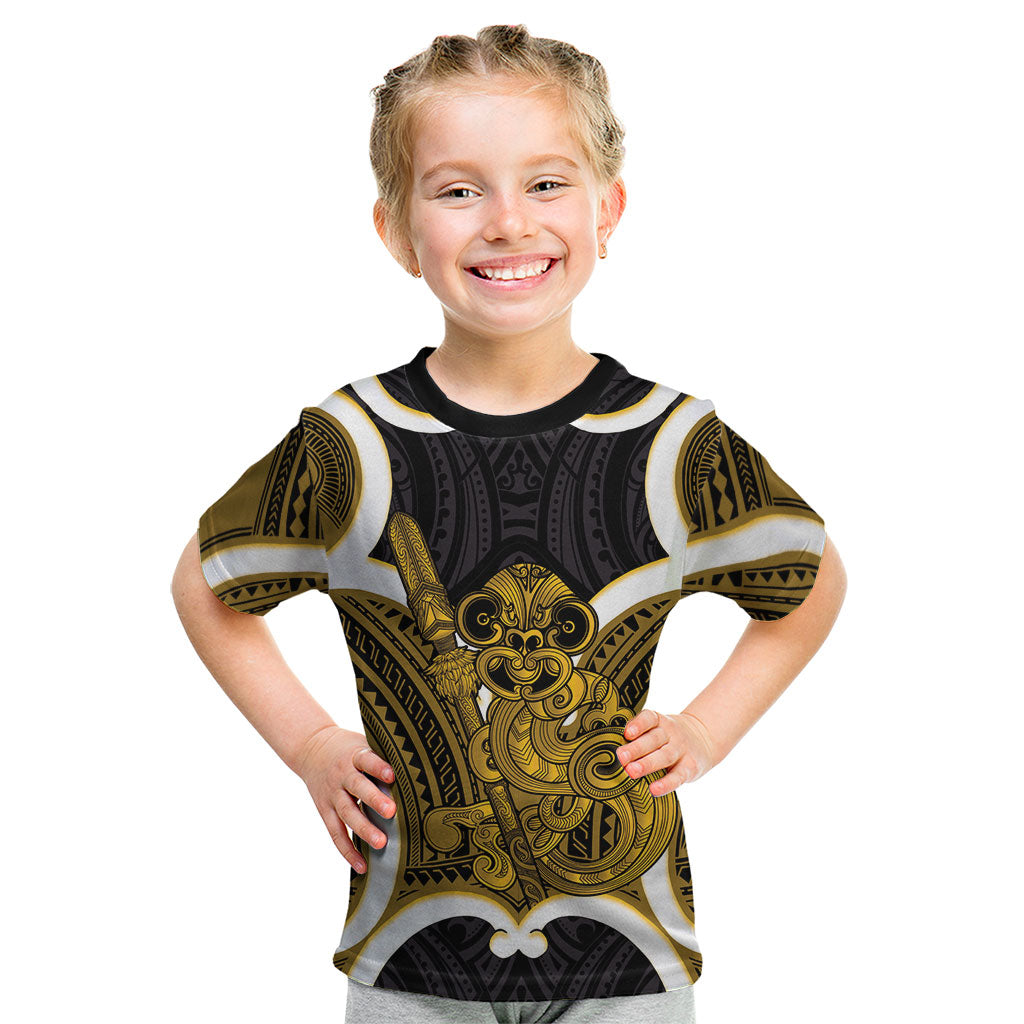 Kowhai Aotearoa Atua Tumatauenga Personalised Kid T Shirt Maori God Of War Tiki With Taiaha LT14 Yellow - Polynesian Pride
