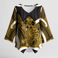 Kowhai Aotearoa Atua Tumatauenga Personalised Kimono Sleeve Blouse Maori God Of War Tiki With Taiaha LT14 Female Yellow - Polynesian Pride
