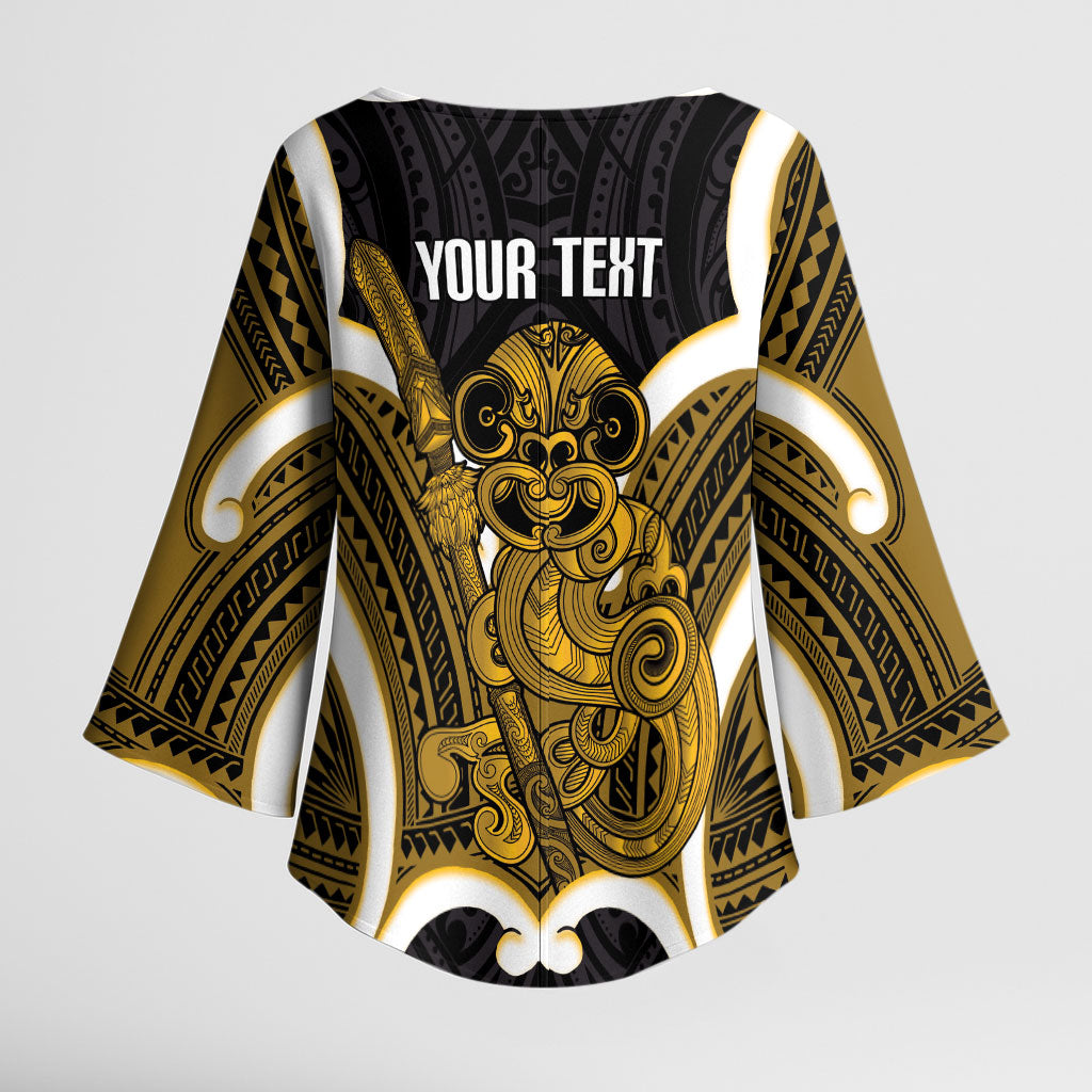 Kowhai Aotearoa Atua Tumatauenga Personalised Kimono Sleeve Blouse Maori God Of War Tiki With Taiaha LT14 - Polynesian Pride