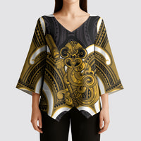 Kowhai Aotearoa Atua Tumatauenga Personalised Kimono Sleeve Blouse Maori God Of War Tiki With Taiaha LT14 - Polynesian Pride