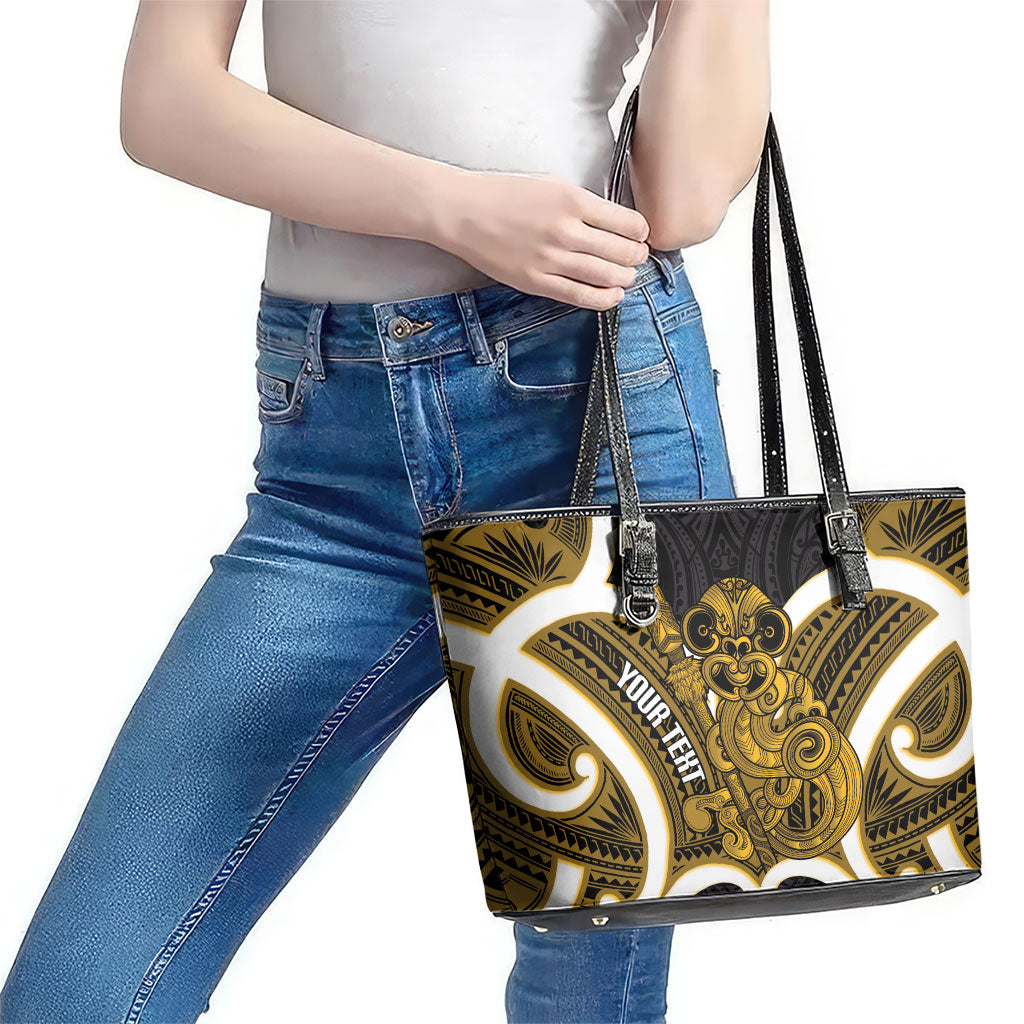 Kowhai Aotearoa Atua Tumatauenga Personalised Leather Tote Bag Maori God Of War Tiki With Taiaha LT14 - Polynesian Pride