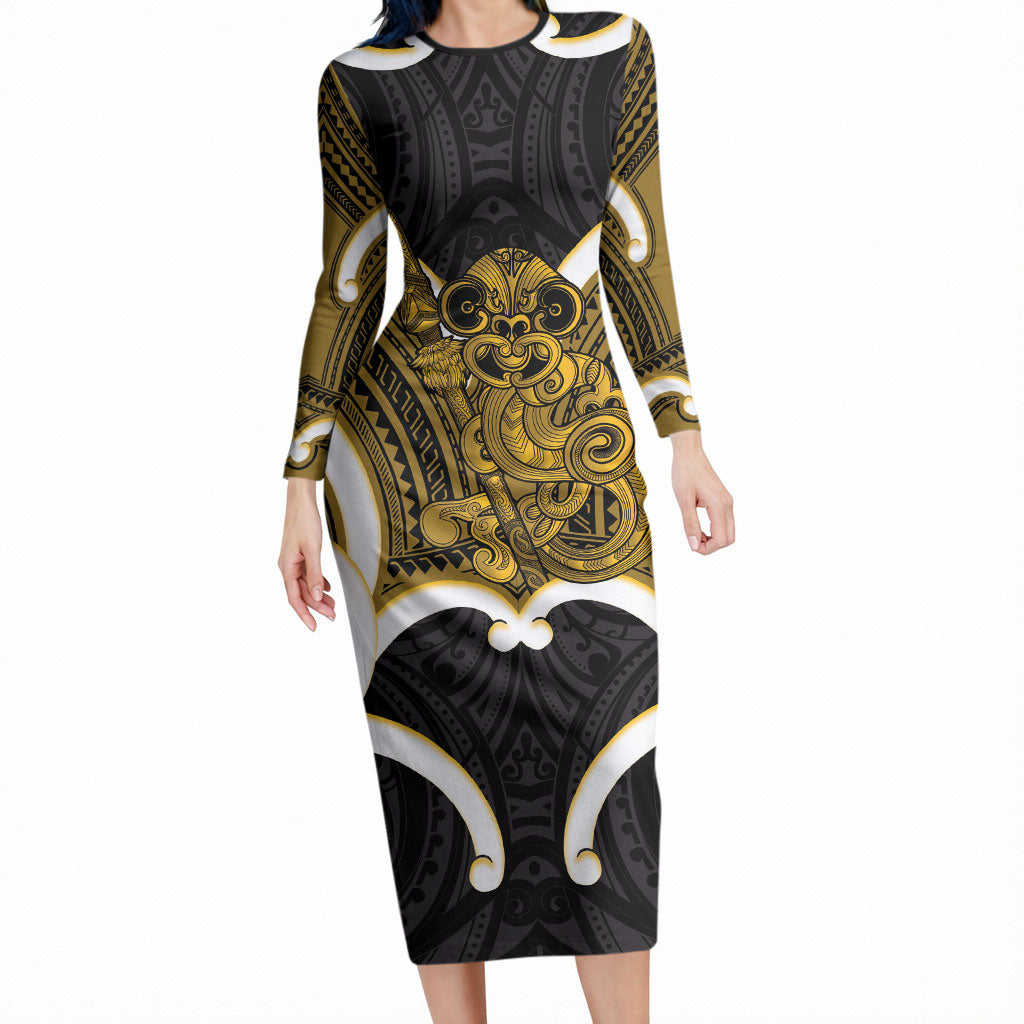 Kowhai Aotearoa Atua Tumatauenga Personalised Long Sleeve Bodycon Dress Maori God Of War Tiki With Taiaha LT14 Long Dress Yellow - Polynesian Pride